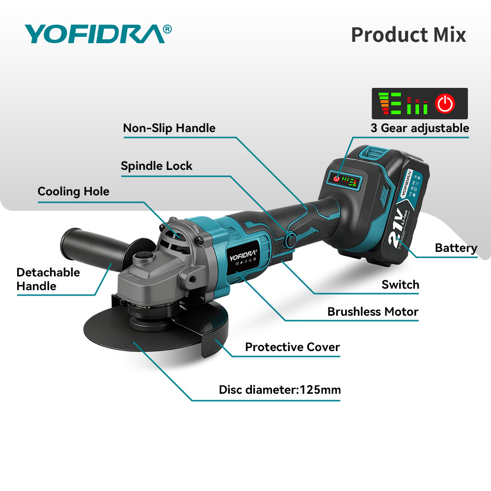 Amoladora Angular YOFIDRA 125MM sin Escobillas Compatible Makita 21V | prologyc.es