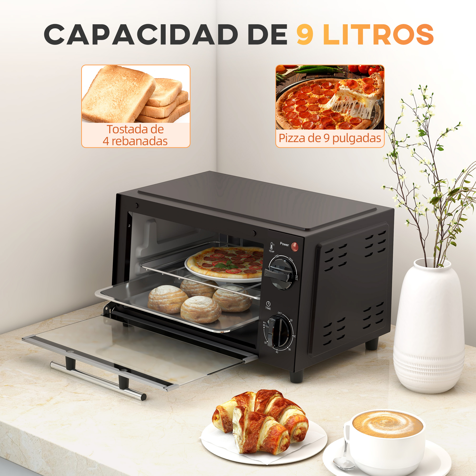 Mini Horno Eléctrico HOMCOM 9 Litros con Temporizador | prologyc.es