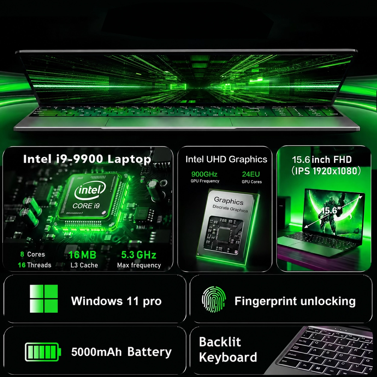 Portátil de 15,6 Pulgadas Intel Core i9-9900 con Windows 11 Pro, 16 GB DDR4 y SSD de 1 TB | prologyc.es | repuestos.prologyc.es