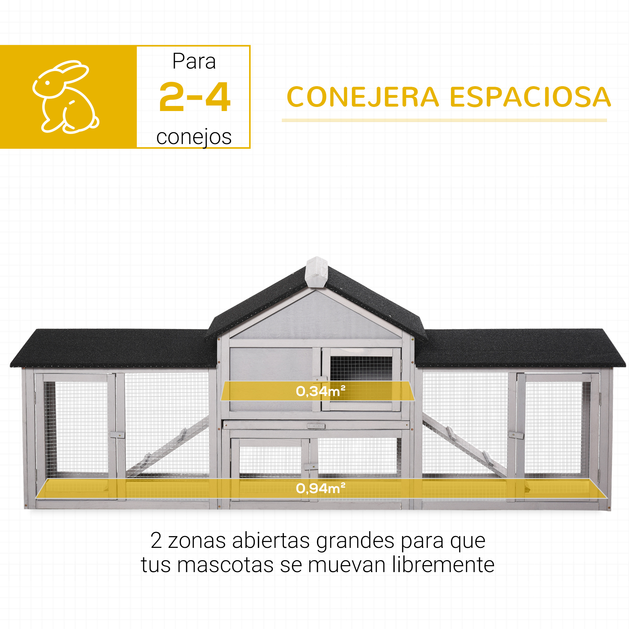 Conejera de Exterior PawHut para 2-4 Conejos con Techo Asfáltico y Bandeja Extraíble | prologyc.es