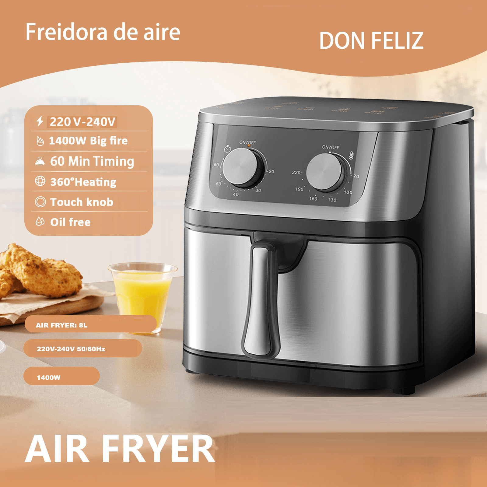 Freidora de Aire 8L 1400W Acero Inoxidable Sin Aceite | prologyc.es | repuestos.prologyc.es