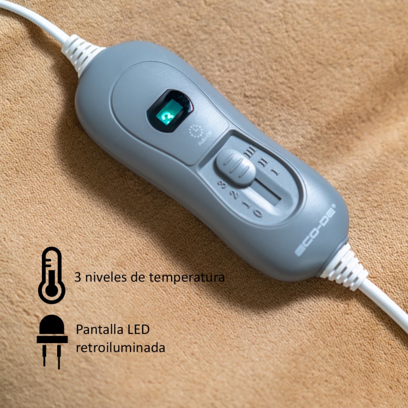 Eco-De Manta Térmica eléctrica 180 x 130 cm. Mando con 3 Niveles de Calor, Apagado automático 90 Minutos Eco-De ECO-5140