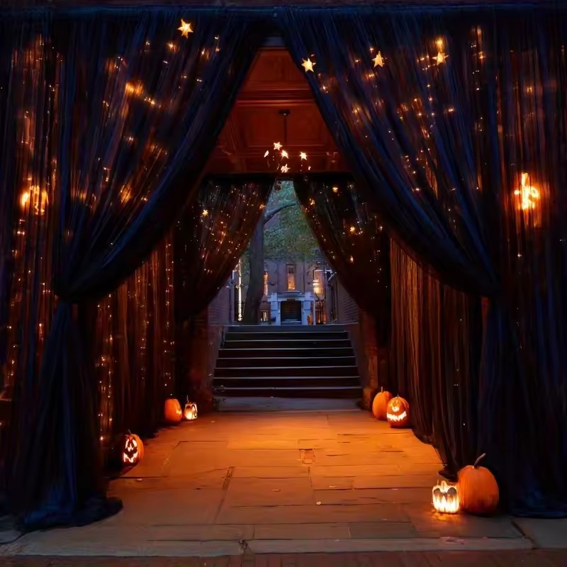 Decora puertas, paredes y mesas con tela de tul negro transparente para Halloween, fiestas y ambientes misteriosos. Disponible e
