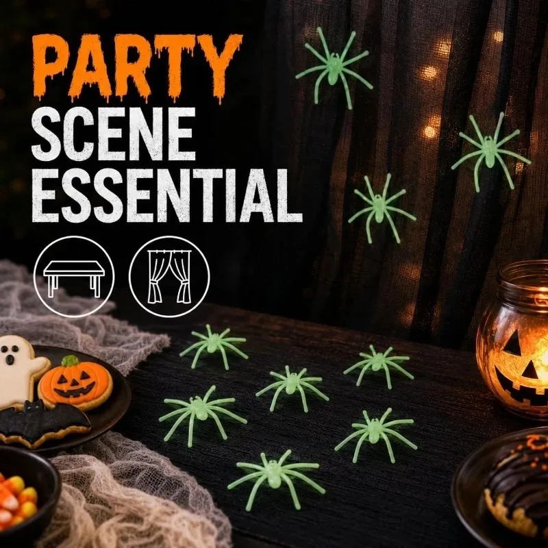 Decora Halloween con arañas luminosas que brillan en la oscuridad, ideales para fiestas, casas encantadas y manualidades. Dispon