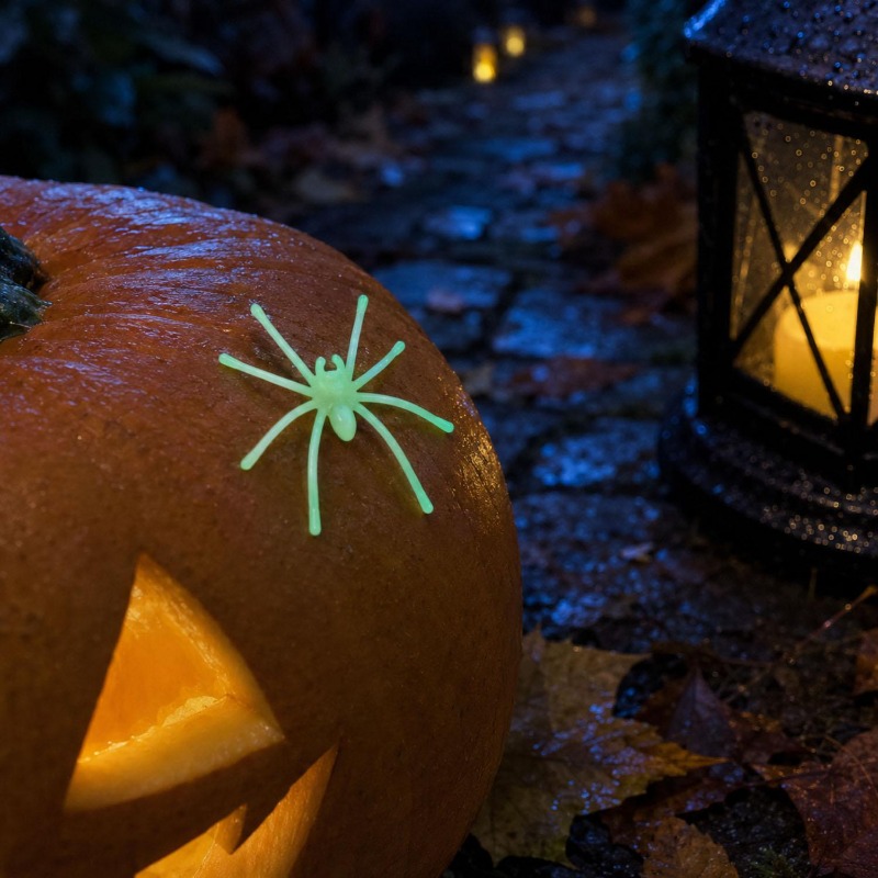 Decora Halloween con arañas luminosas que brillan en la oscuridad, ideales para fiestas, casas encantadas y manualidades. Dispon