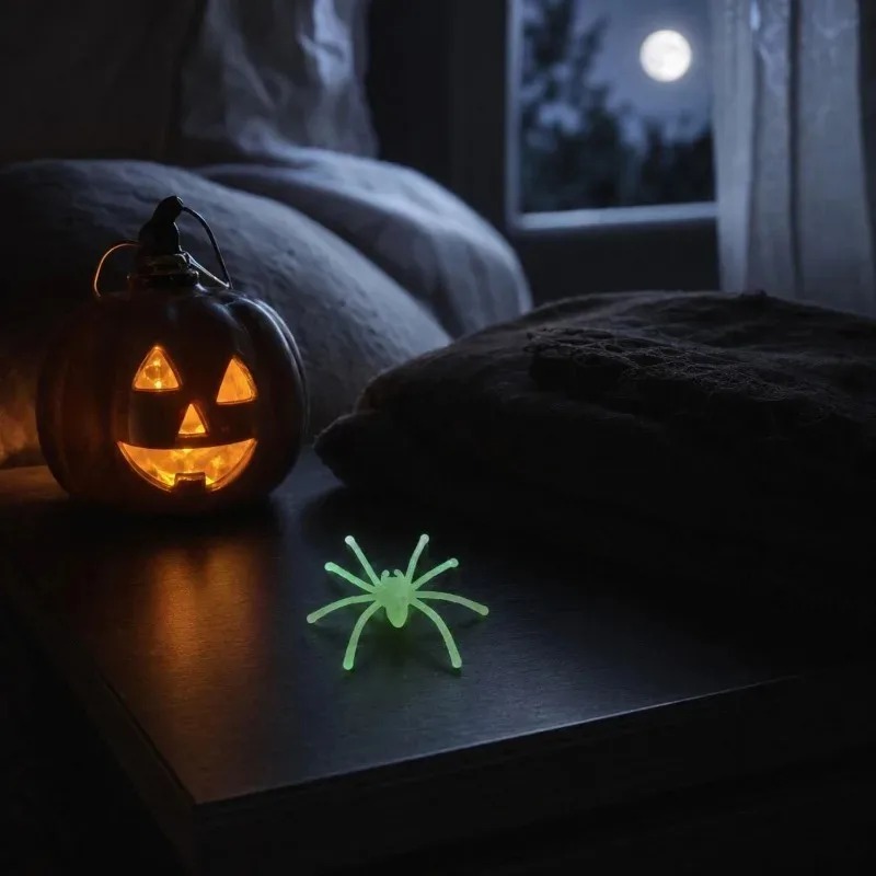 Decora Halloween con arañas luminosas que brillan en la oscuridad, ideales para fiestas, casas encantadas y manualidades. Dispon