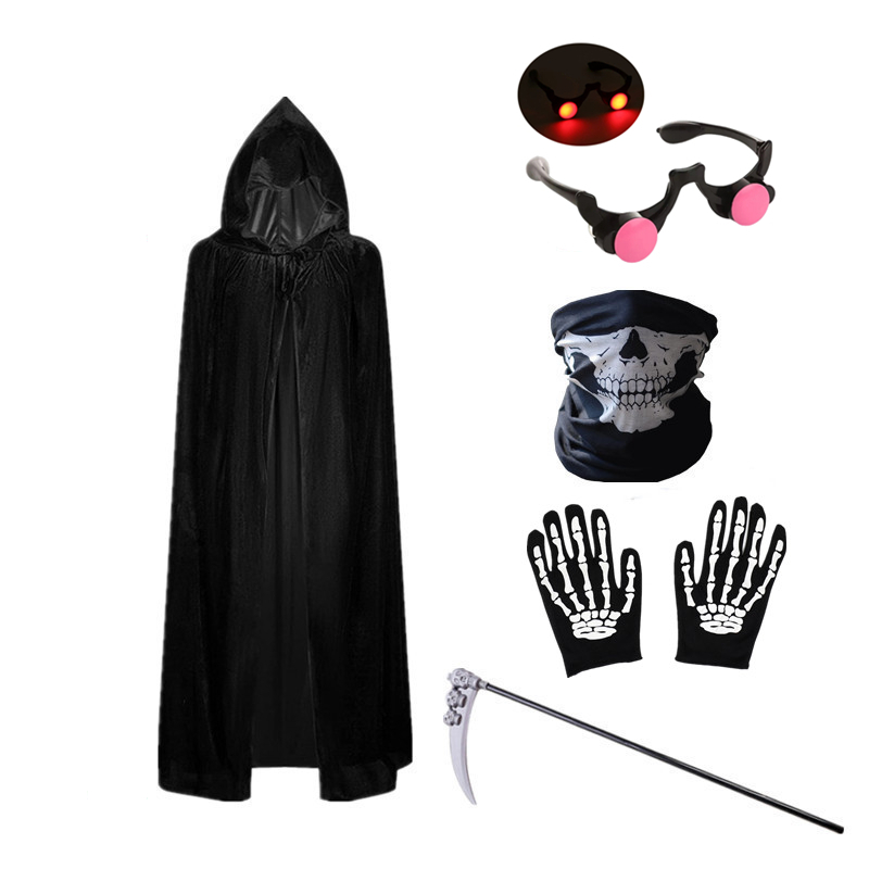 Disfraces de Halloween para Niños - Túnica de Ceñudo del Destino con Ojos Rojos y Capucha, Capa de Pascua con Guadaña y Gafas Lu