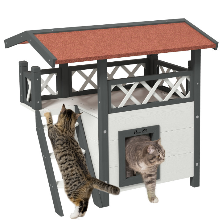 Casa para gatos madera PawHut 77x50x73 cm exterior con techo | prologyc.es